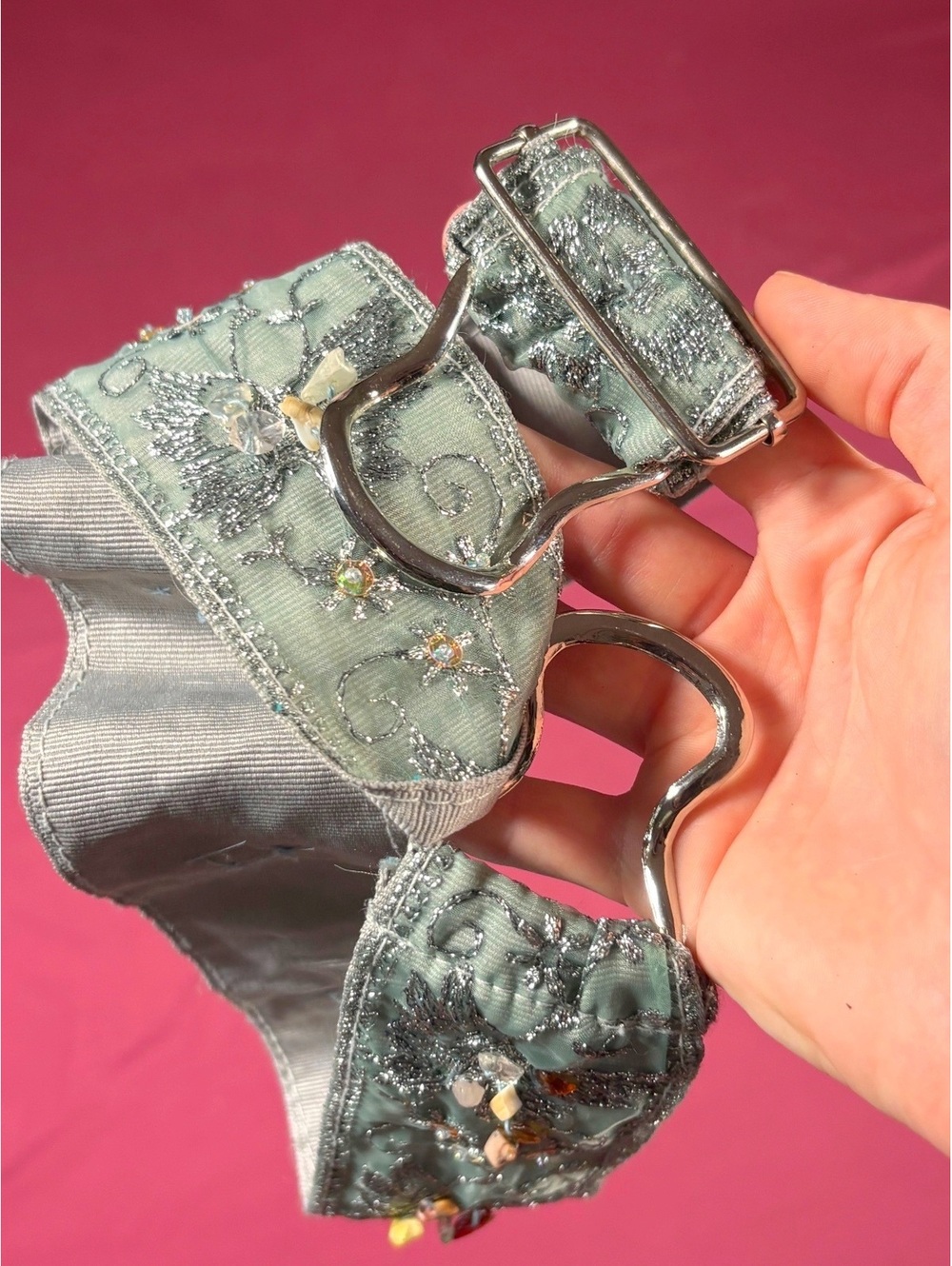 Embroidered Pastel Blue Women's Belt with Decorative Stones